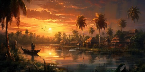 Beautiful Landscape of Village with with Coconut Tress at Sunset