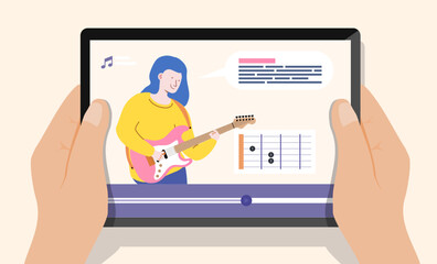 Online guitar lessons concept illustration. Music course concept, distance learning from home. Online study, education. Cartoon people vector illustration. Vector 10 eps