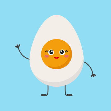 Funny and friendly egg character waving and smiling. Boiled egg with cute face. Healthy food theme. Vector isolated illustration.