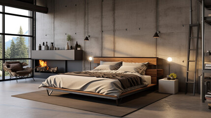 Industrial-Style Bedroom Interior: Concrete Walls, Metal Bed Frame, Warm Wood Tones & Geometric Rug