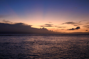  Seascape at sunset. Sunset on the island of La Digue.