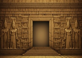 An Egyptian temple with open doors and statues of ancient Egyptian gods and goddesses - obrazy, fototapety, plakaty