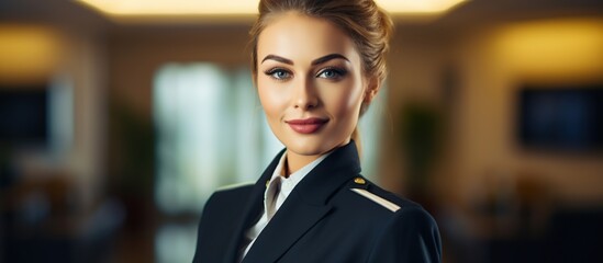 smiling flight attendant in uniform looking at the camera - obrazy, fototapety, plakaty