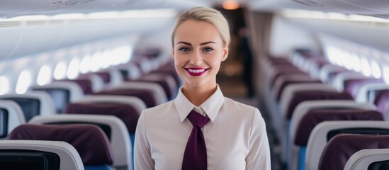 smiling flight attendant in uniform looking at camera inside plane - obrazy, fototapety, plakaty