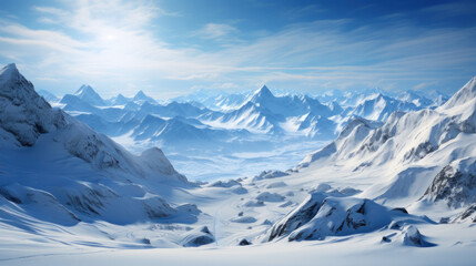 ajestic Snowy Mountains - A Winter Wonderland Landscape. Generative AI