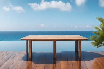 Wooden table on the background of the sea, island and the blue sky. High quality photo