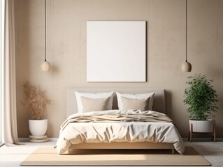 Fototapeta na wymiar Minimalist Beige Bed Room Interior Design with Blank White Picture Frame Mockup