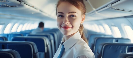 smiling flight attendant in uniform looking at camera inside plane