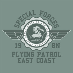 Typographic vector illustration of Military theme badge for t shirt graphics