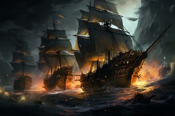 Digital illustration of medieval ships in rough waters at night. Large sails of warship vessels in a dramatic cinematic scene. Exploration and adventure concept art. Generative AI - obrazy, fototapety, plakaty