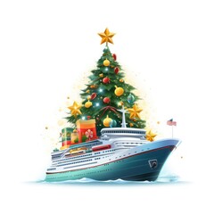 Christmas holidays on a cruise ship on white background