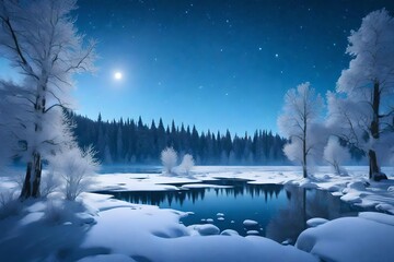 3D rendering of a serene winter landscape, featuring snow-covered trees, a frozen lake, and a clear starry night sky, perfect for creating a beautiful winter-themed wallpaper