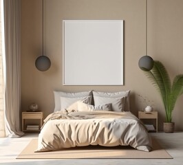 Minimalist Beige Bed Room Interior Design with Blank White Picture Frame Mockup