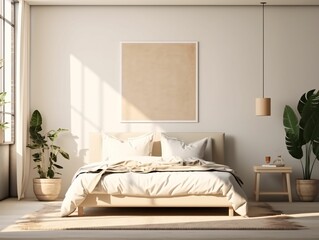 Minimalist Beige Bed Room Interior Design with Blank White Picture Frame Mockup