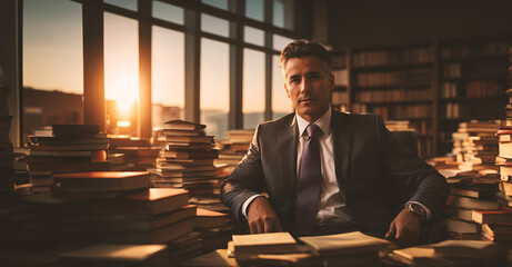 a businessman sits in an office buried in books