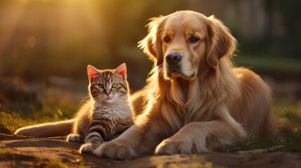 A cat and dog peacefully resting together on the ground