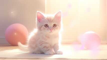 Fototapeta na wymiar a white kitten sitting on the floor next to pink balls. generative ai
