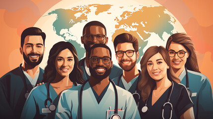 A diverse group of people, young and old, standing together with a world globe, celebrating diversity in healthcare - obrazy, fototapety, plakaty