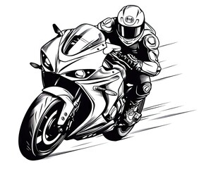  a black and white drawing of a person riding a motorcycle.  generative ai