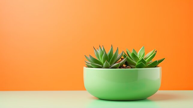 a green bowl with a plant in it on a table.  generative ai