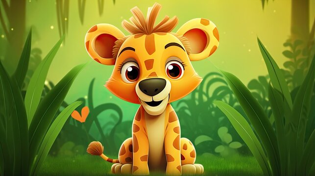  a cute little lion sitting in the middle of a jungle.  generative ai