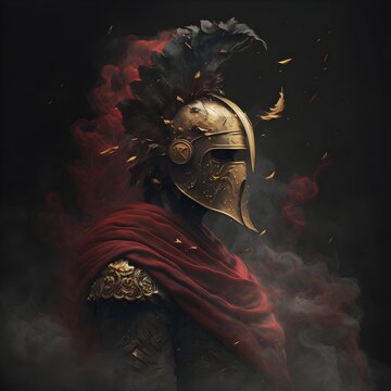 a spartan wearing intricate gold armour red robes highly detailed classic spartan helm with extra large red brush incredibly detailed incredibly intricate engulfed in black clouds of smoke stoic 