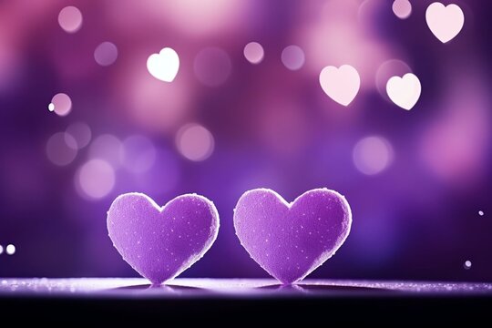 Romantic hearts on purple background with bokeh in panorama for Valentine's or love card illustration. Generative AI