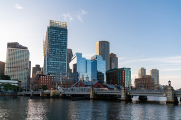 Fototapeta na wymiar An intellectual, technological and political center. Panoramic city view of Boston Harbour at day time, Massachusetts.