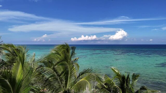 Drone view of blue Caribbean Sea with green palm trees in the foreground on a sunny day with blue sky in Tulum 