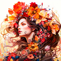 Abstract art collage of a young woman face surrounded by vibrant floral elements exuding creativity