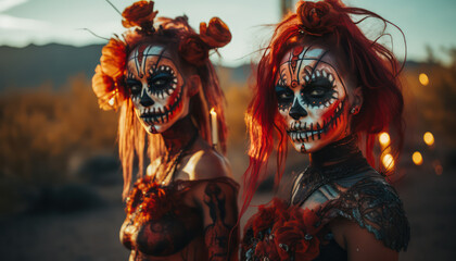 Female sugar skulls and flames in the desert  - Day of the Dead (Día de Muertos)