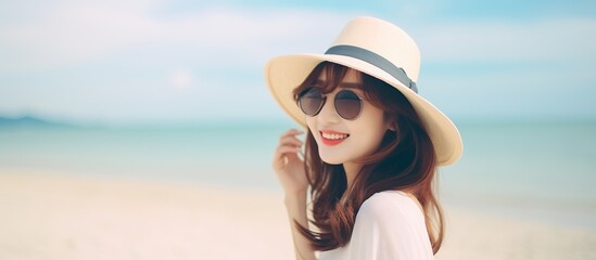 young Asian woman wearing hat and white dress, enjoying sea view.