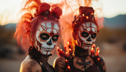 Female sugar skulls and flames in the desert  - Day of the Dead (D&iacute;a de Muertos)