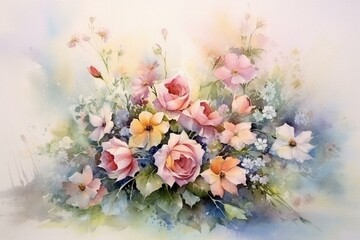 Watercolor painting of a bouquet of flowers. Generative AI