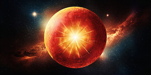 illustrazione di immaginario futuro, gigante pianeta rosso sullo sfondo di una immensa galassia - obrazy, fototapety, plakaty