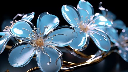 Hyper real glass flowers, blue organic twisting