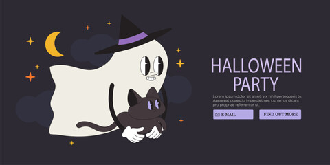 Groovy retro ghost halloween banner. Funky spooky boo character. Magic scary spirits in witch costume. Cartoon illustrations of comic phantom for web banner, poster, placard car or party invitation.