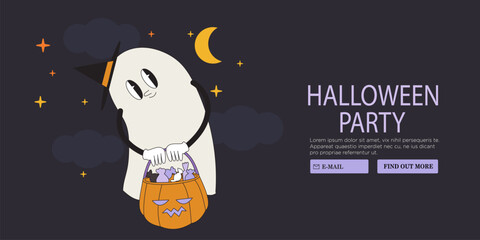 Groovy retro ghost halloween banner. Funky spooky boo character. Magic scary spirits in witch costume. Cartoon illustrations of comic phantom for web banner, poster, placard car or party invitation.