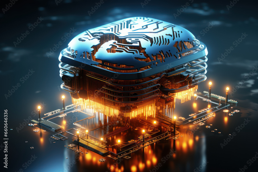 Poster a brain icon integrated with a cloud, symbolizing the concept of cloud-based computing and data stor