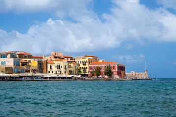 Obraz premium View from the Old Venetian Port of Chania. Beautiful, colorful buildings in the old town of Chania