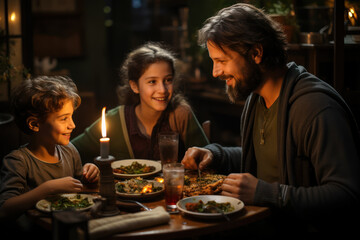 A family sharing a meager meal at a table with empty plates, representing food insecurity in...