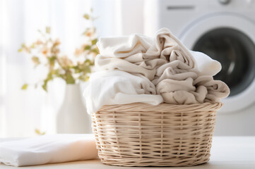 Washed and dried laundry in an eco-basket in the laundry room with a tumble dryer in the background. - obrazy, fototapety, plakaty