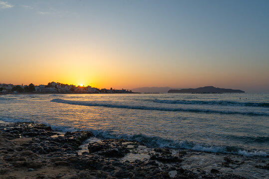 Sunset on the Agii Apostoli Beach, Chania, Crete. Paralia Agii Apostoli