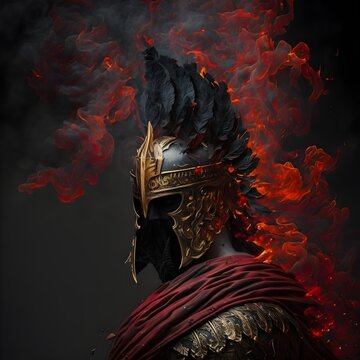 a spartan wearing intricate gold armour red robes intrictae spartan helm with large red brush incredibly detailed incredibly intricate engulfed in black clouds of smoke stoic 