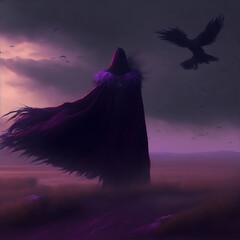 cinematic-still shot A figure, draped in a cloak of black feathers and adorned with intricate silver jewelry, stood at the edge of a vast, barren wasteland. The sky above was painted in shades of deep