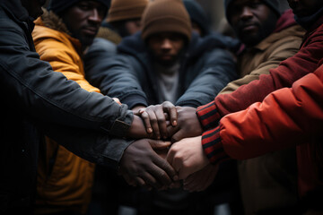 A community coming together to support one another in times of hardship, exemplifying resilience and solidarity in the face of poverty. Concept of community support. Generative Ai.