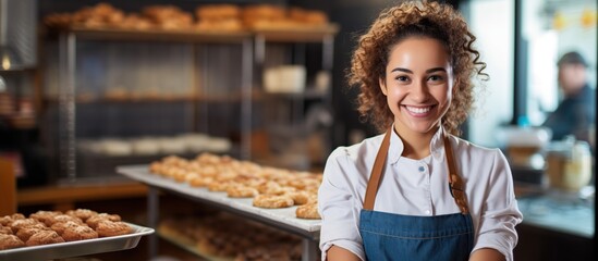 Woman working in bakery, holding tray with bread in hands and smiling. - obrazy, fototapety, plakaty