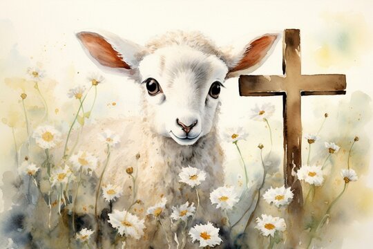 Watercolor painting of a lamb with a cross and flowers for Easter. Generative AI
