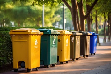A shot of a row of recycling bins in a well - maintained city park, Generative AI