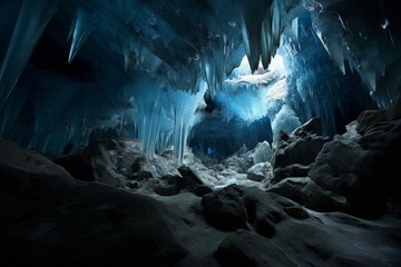 Exploration of icy cave reveals futuristic archaeological site inside crystal blue cavern. Generative AI